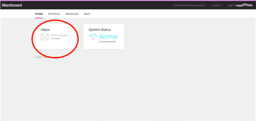 Screen shot of the Blackboard screen showing where to click on the inbox for messages 